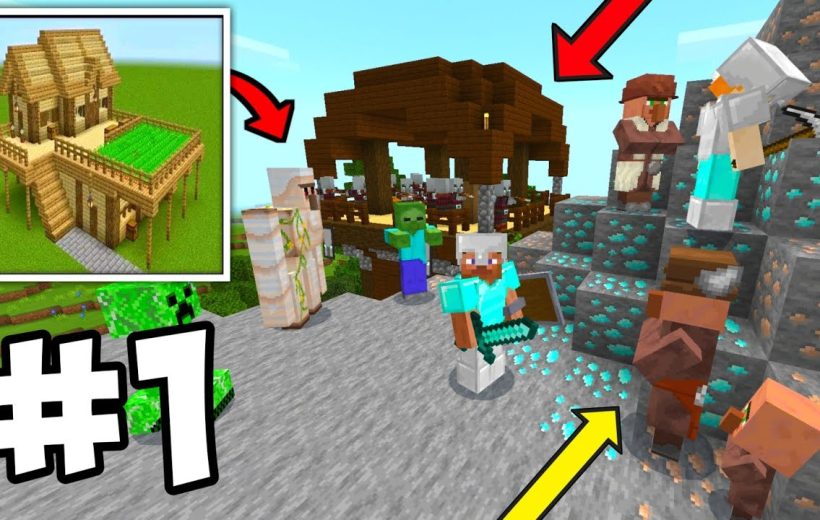 Minecraft player in diamond armor fighting mobs near villagers and a wooden structure