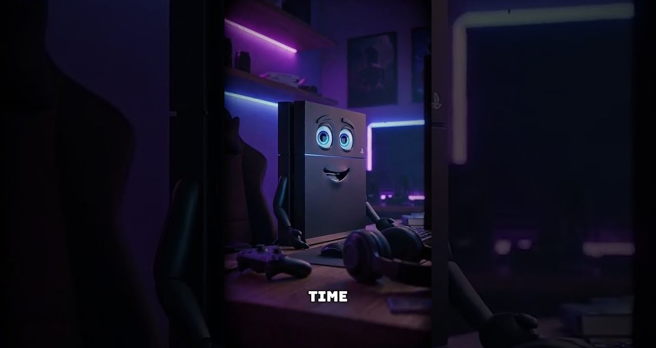 PlayStation console character with expressive eyes sitting at a neon-lit gaming desk.