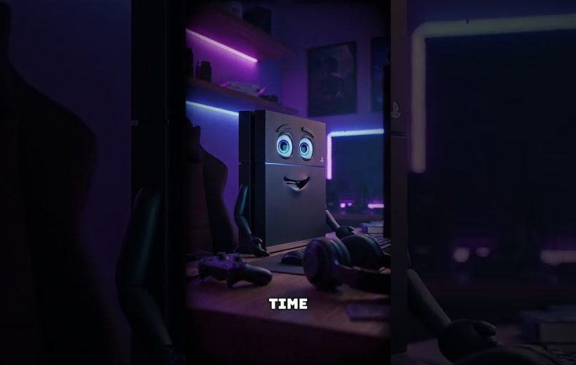 PlayStation console character with expressive eyes sitting at a neon-lit gaming desk.