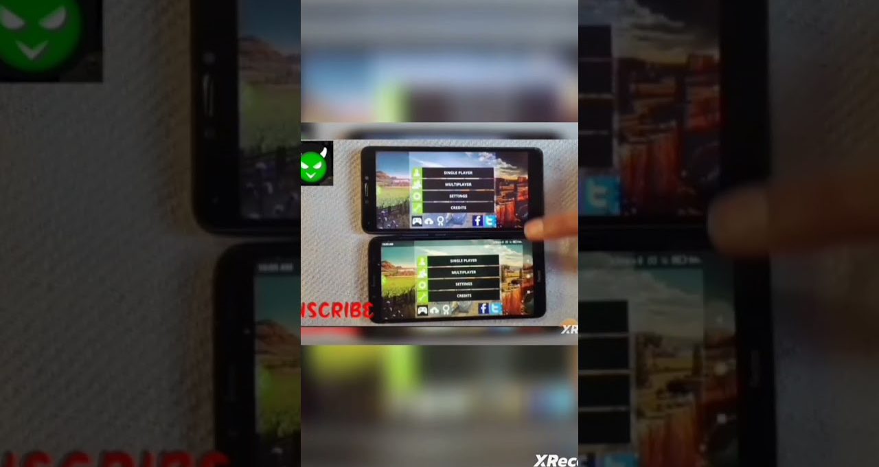 Two smartphones side by side displaying a game menu while a finger taps screen