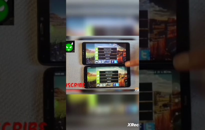 Two smartphones side by side displaying a game menu while a finger taps screen