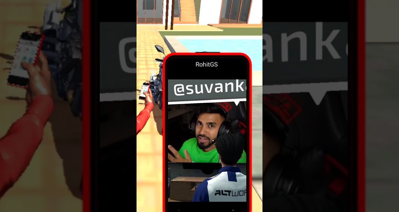 Smartphone showing a streamer video call overlay with username @suvank and gamer headset