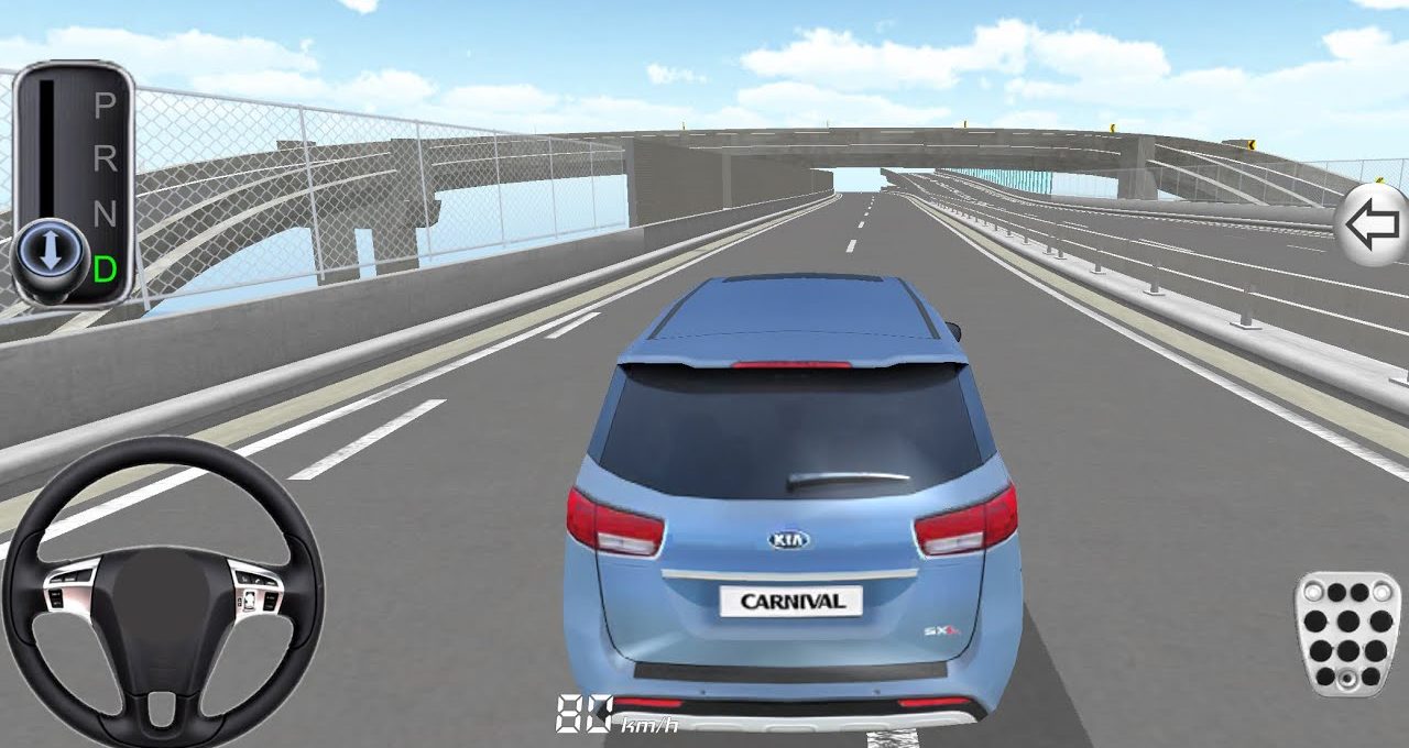 Blue Kia Carnival minivan driving on elevated highway in a driving simulator interface