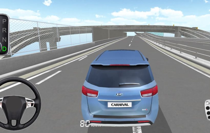 Blue Kia Carnival minivan driving on elevated highway in a driving simulator interface