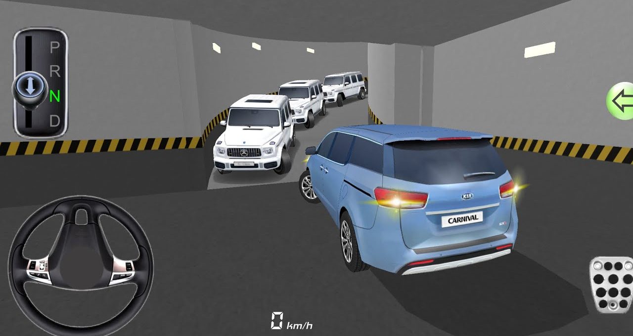 Blue Kia Carnival reversing in an underground garage toward a line of white SUVs