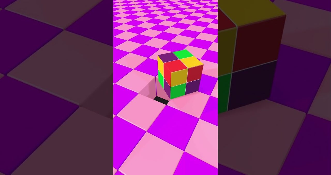 Colorful small cube resting beside a hole on a pink and purple checkerboard floor