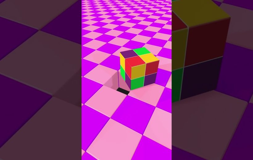 Colorful small cube resting beside a hole on a pink and purple checkerboard floor
