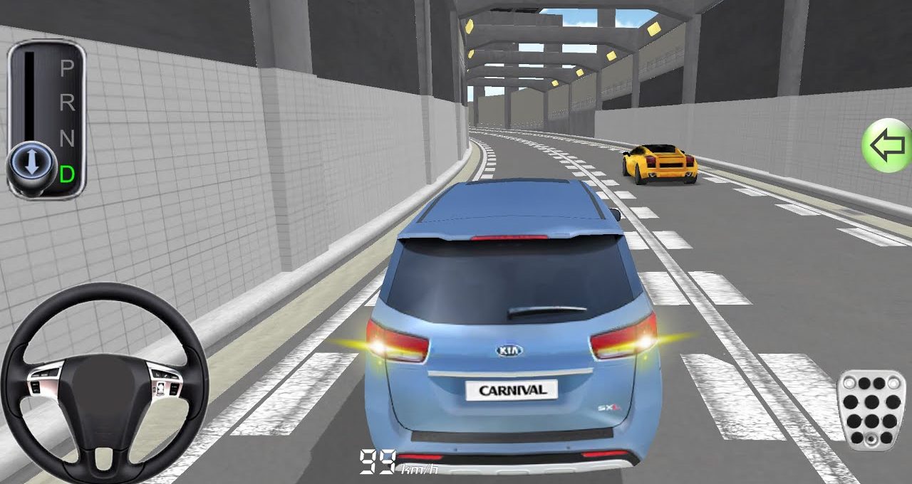 Blue Kia Carnival driving through a multi-lane tunnel behind a yellow sports car