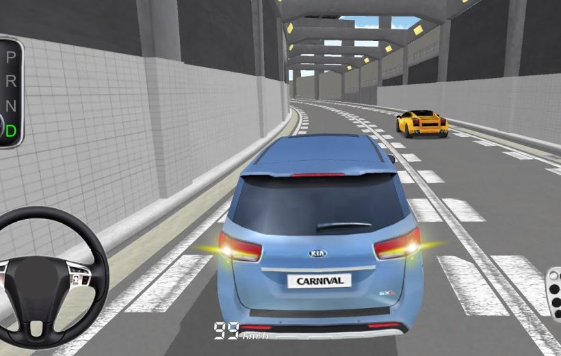 Blue Kia Carnival driving through a multi-lane tunnel behind a yellow sports car
