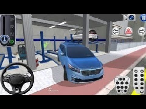 Blue minivan parked inside a multi-bay car service garage with lifts and controls