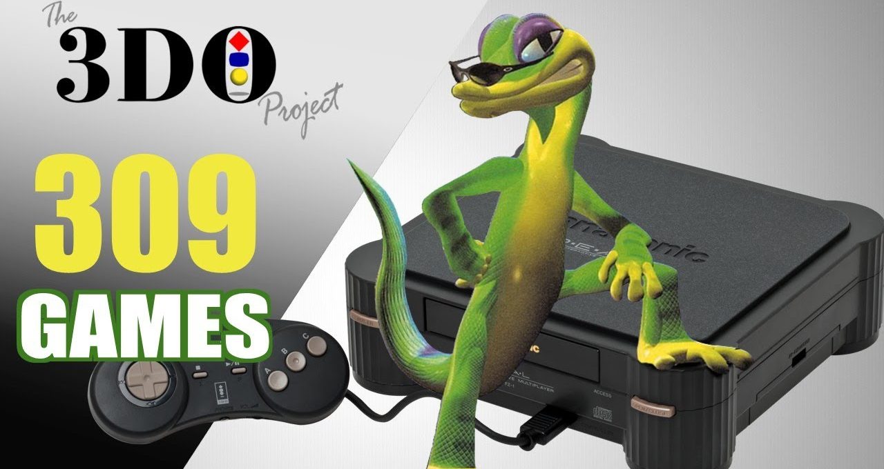 Green cartoon gecko wearing sunglasses posed on a 3DO console with controller and text
