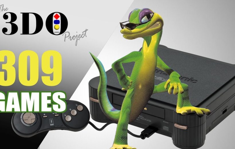 Green cartoon gecko wearing sunglasses posed on a 3DO console with controller and text