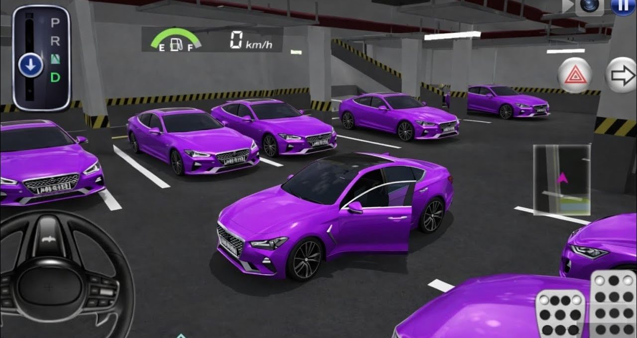 Several identical purple sedans parked in an underground garage with one door open
