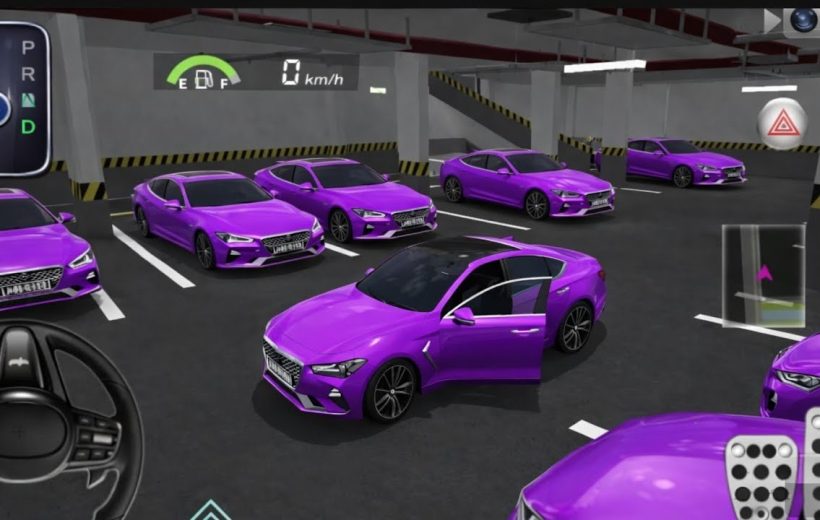 Several identical purple sedans parked in an underground garage with one door open