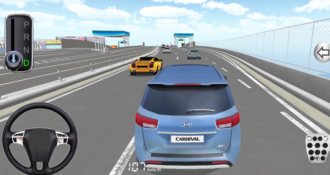Blue Kia Carnival minivan driving on highway behind a yellow sports car and traffic