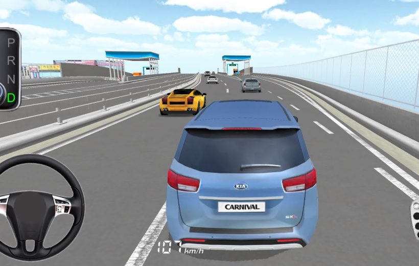 Blue Kia Carnival minivan driving on highway behind a yellow sports car and traffic