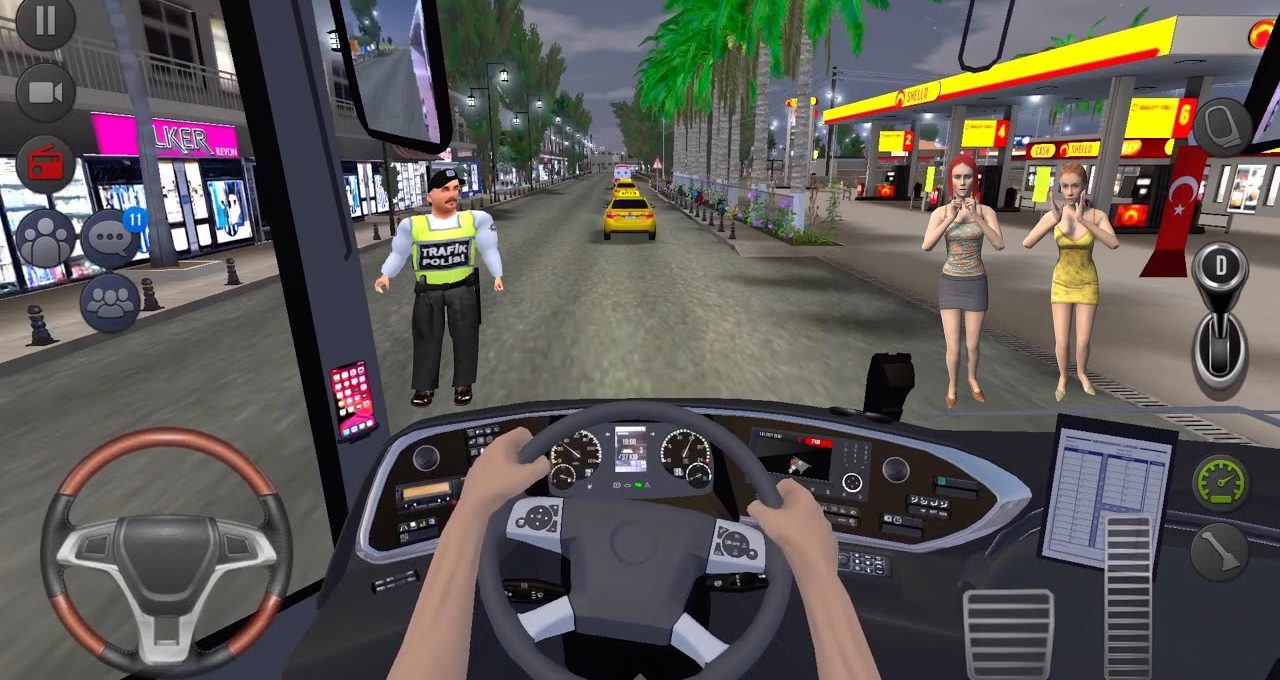 Bus driver view down city street with police officer and two pedestrians at gas station