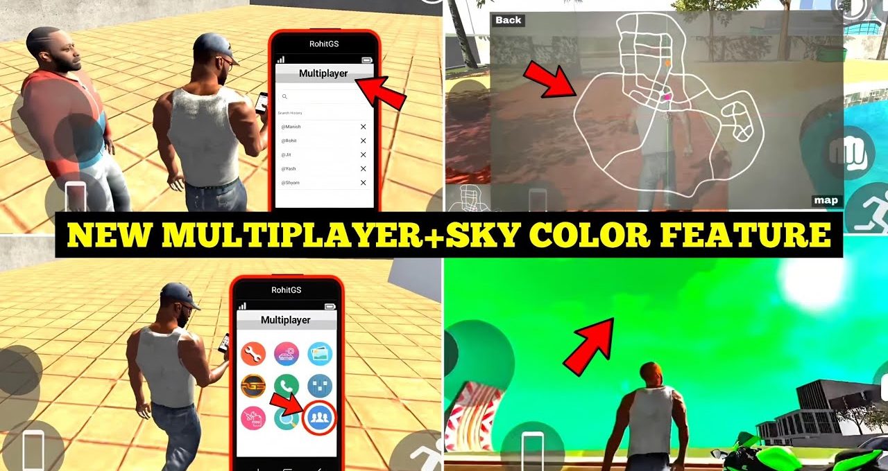 Game interface screenshots showing new multiplayer menu and vivid adjustable sky color.