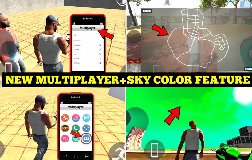Game interface screenshots showing new multiplayer menu and vivid adjustable sky color.