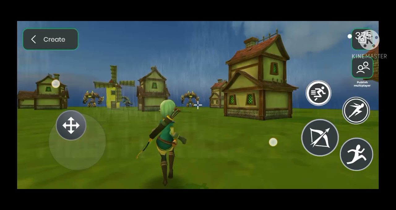 Third-person archer character running toward village houses and distant mechanical enemies in gameplay