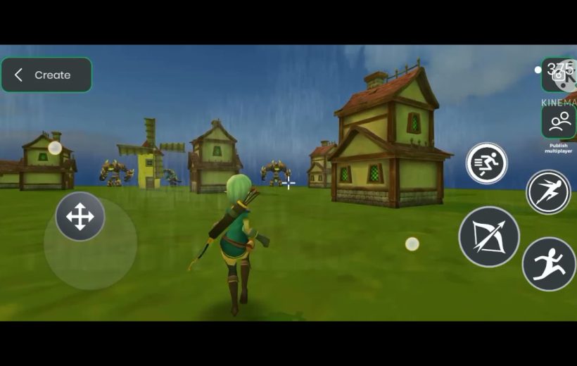 Third-person archer character running toward village houses and distant mechanical enemies in gameplay