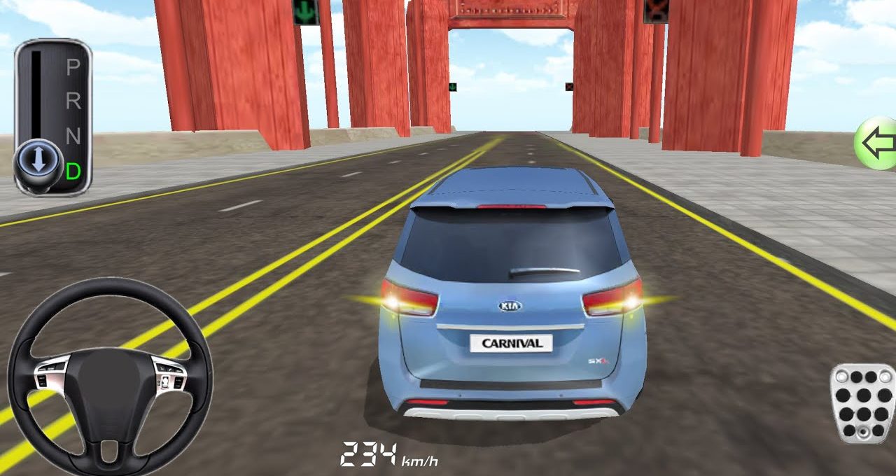 Blue Kia Carnival minivan driving on bridge in a racing game interface