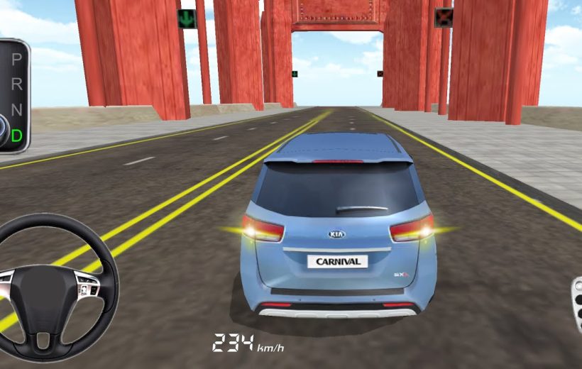 Blue Kia Carnival minivan driving on bridge in a racing game interface
