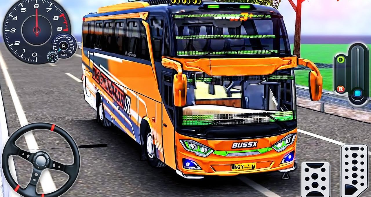 Orange coach bus with steering wheel and dashboard controls on a coastal road