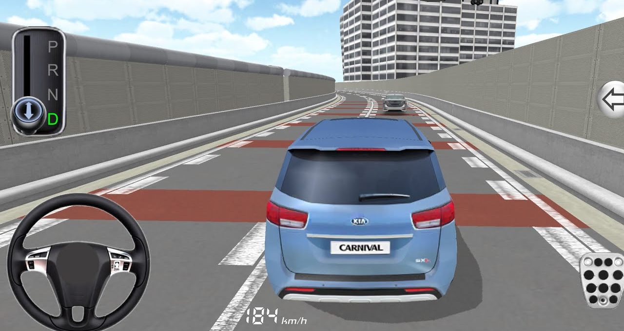 Third-person view of a blue Kia Carnival driving on an elevated city highway