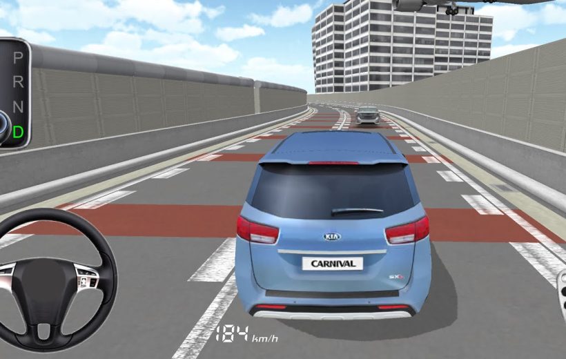 Third-person view of a blue Kia Carnival driving on an elevated city highway