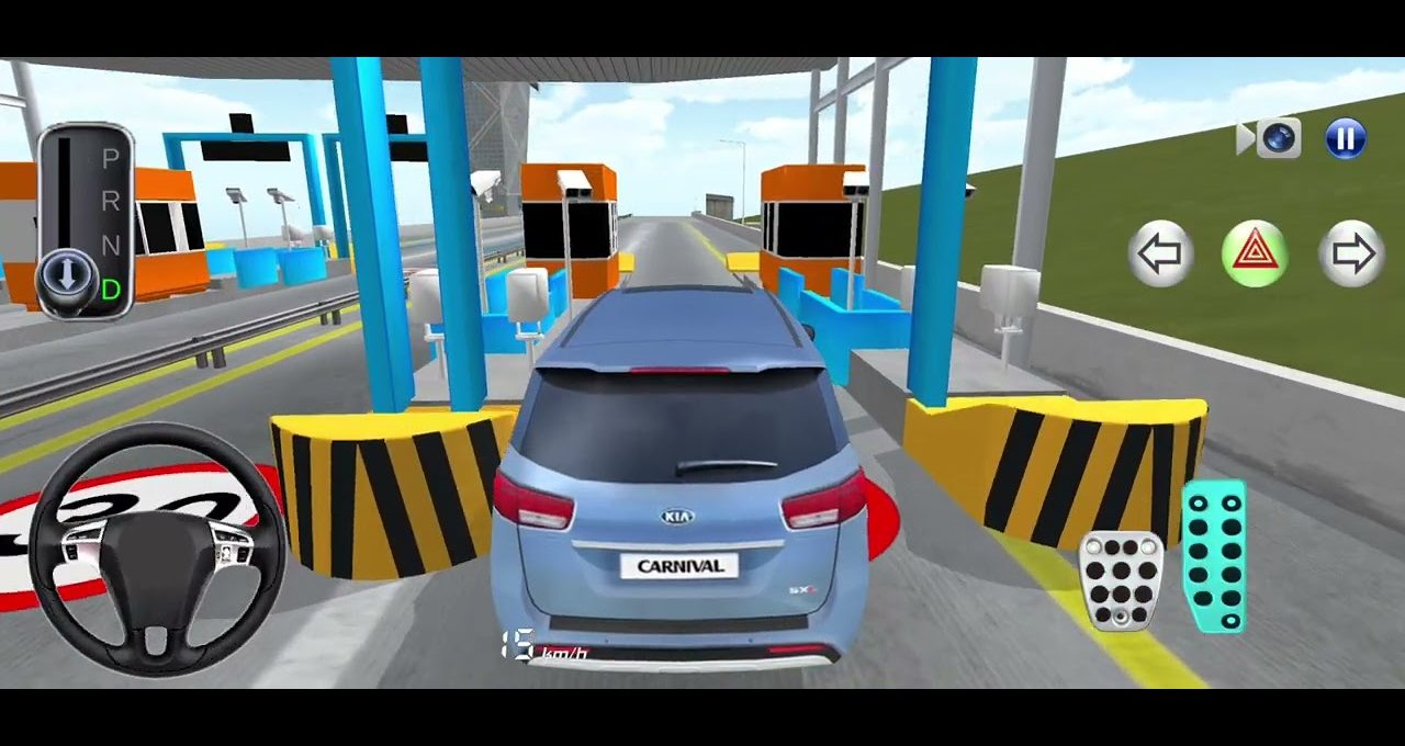 Blue Kia Carnival navigating a toll booth in a car driving simulator game.