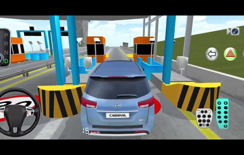 Blue Kia Carnival navigating a toll booth in a car driving simulator game.