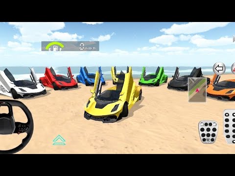 Row of colorful sports cars with scissor doors parked on a sandy beach alongside controls