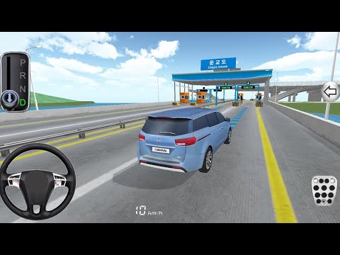 Blue SUV approaching a toll booth on a multi-lane coastal highway in a driving game