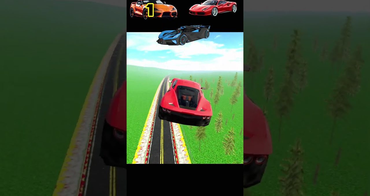 Red sports car airborne above a narrow road with grassy fields and trees nearby