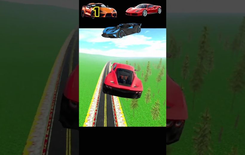 Red sports car airborne above a narrow road with grassy fields and trees nearby