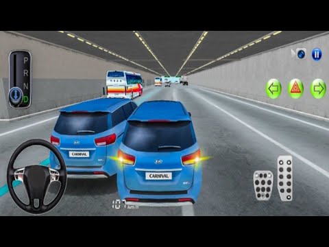 Two blue SUVs driving side-by-side inside a lit highway tunnel, dashboard visible