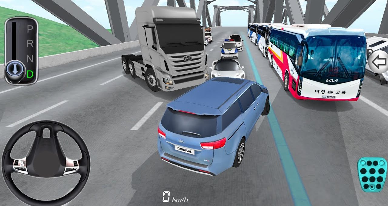 Blue SUV navigating congested multi-lane bridge traffic with trucks, buses, and cars