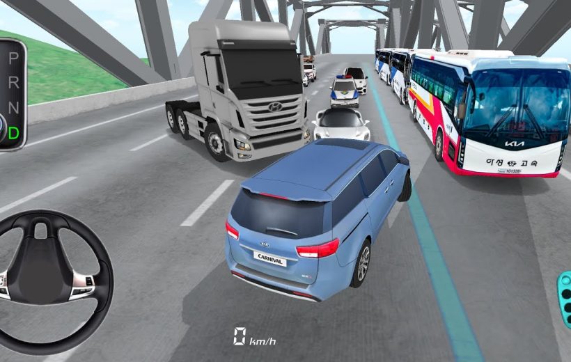 Blue SUV navigating congested multi-lane bridge traffic with trucks, buses, and cars
