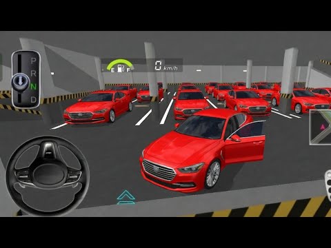 Red sedans parked in a multi-level garage with one car door open and steering wheel HUD
