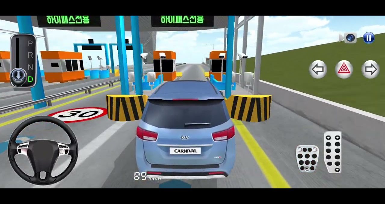 Blue Kia Carnival approaching toll booths in a driving simulator cockpit view.