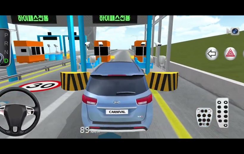 Blue Kia Carnival approaching toll booths in a driving simulator cockpit view.
