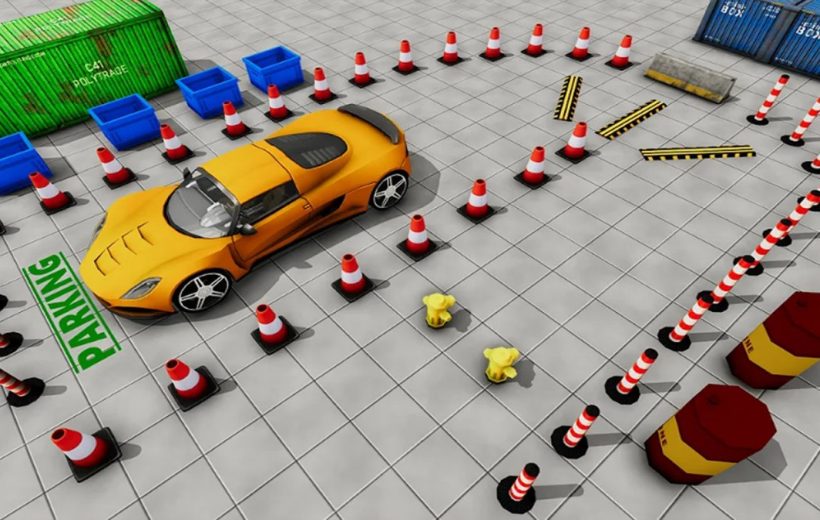 Yellow sports car parked inside a cone-lined driving course in tiled training area