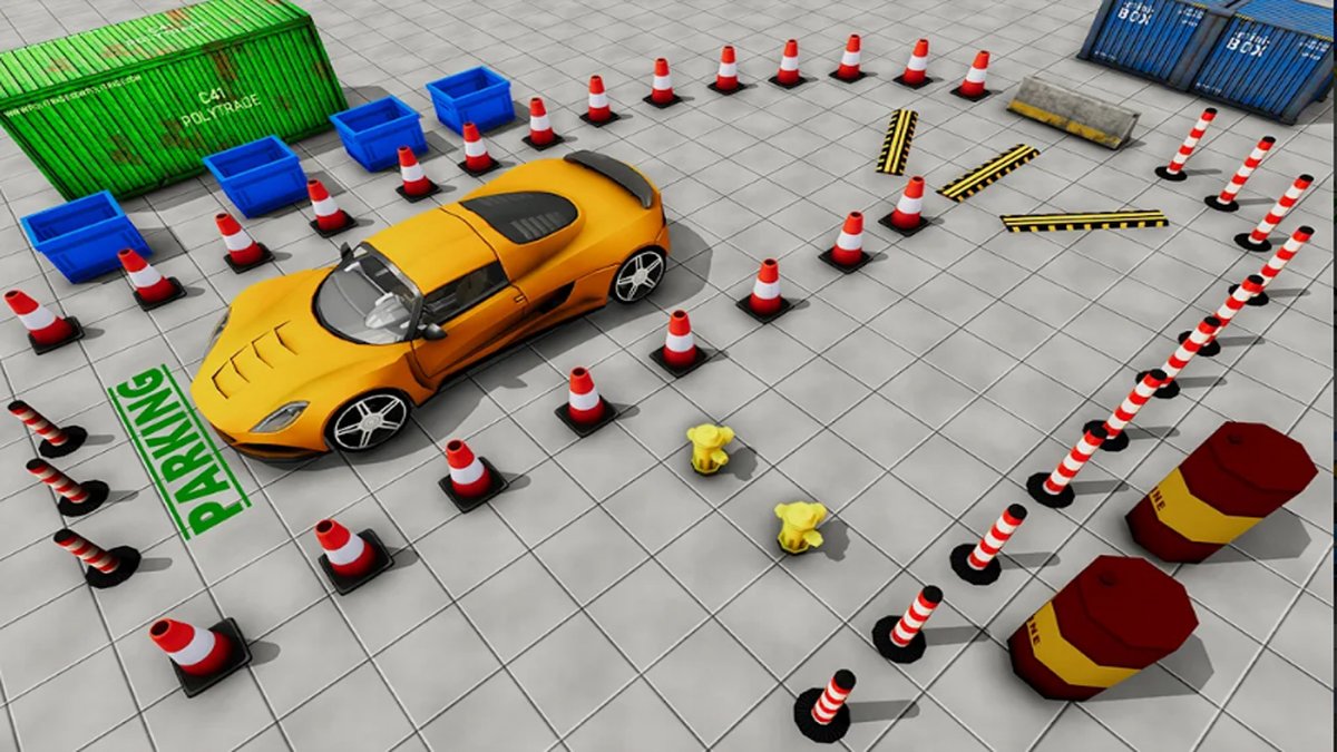 Yellow sports car parked inside a cone-lined driving course in tiled training area