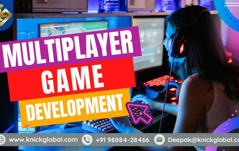 Gamer with headset at RGB-lit PC workstation alongside bold "Multiplayer Game Development" text panels