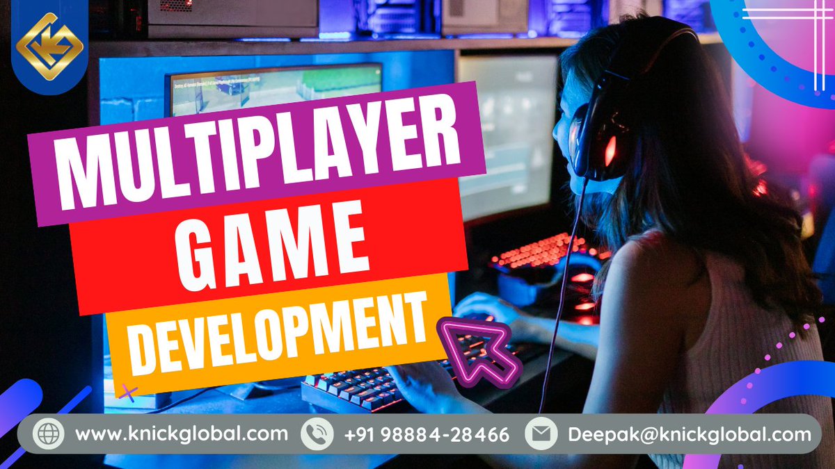 Gamer with headset at RGB-lit PC workstation alongside bold "Multiplayer Game Development" text panels