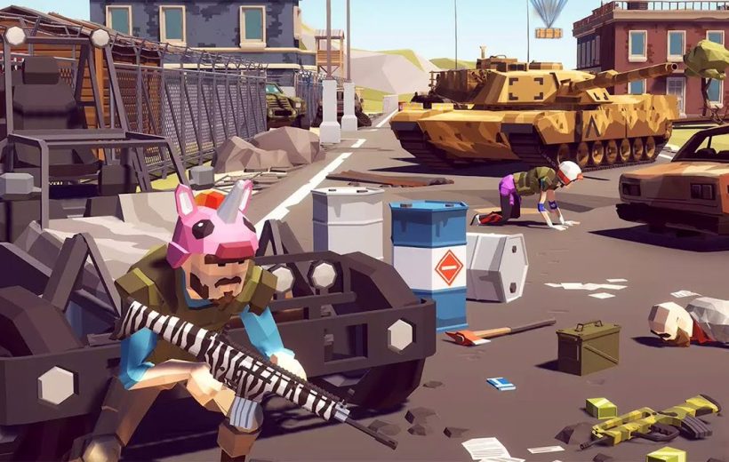 Squad of armed soldiers in colorful helmets amid urban battlefield with tank nearby