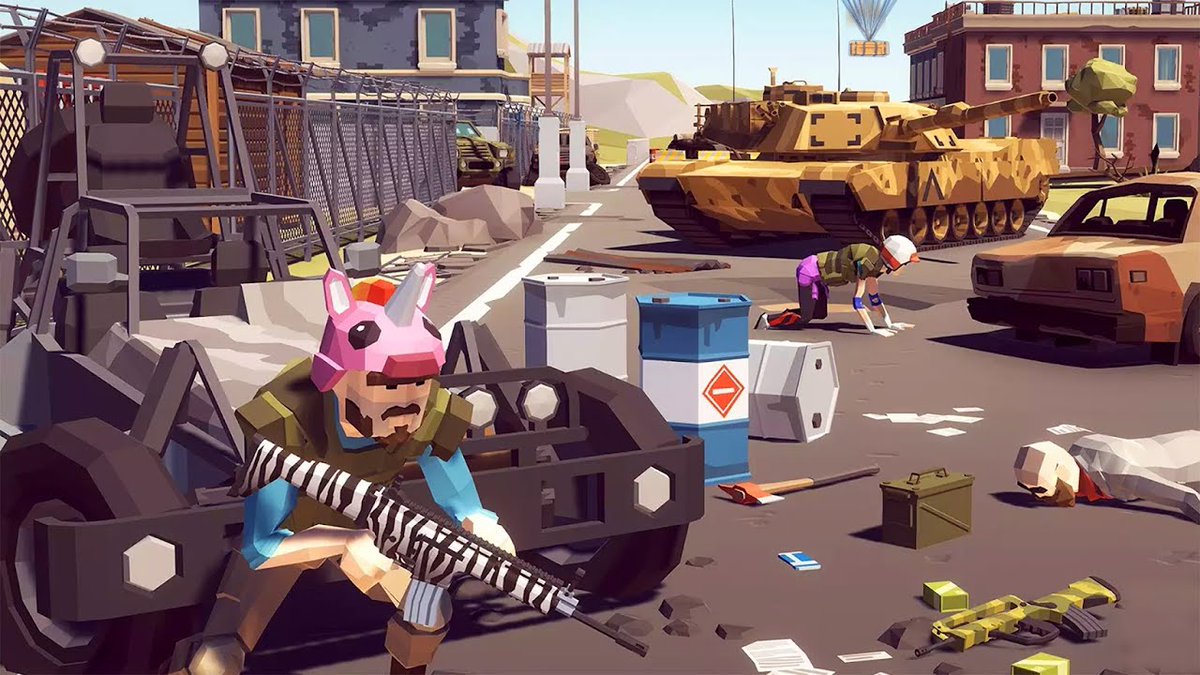 Squad of armed soldiers in colorful helmets amid urban battlefield with tank nearby