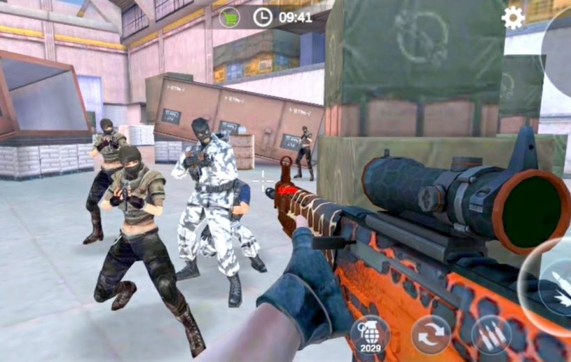 First-person shooter view aiming a scoped rifle at masked enemies in warehouse.