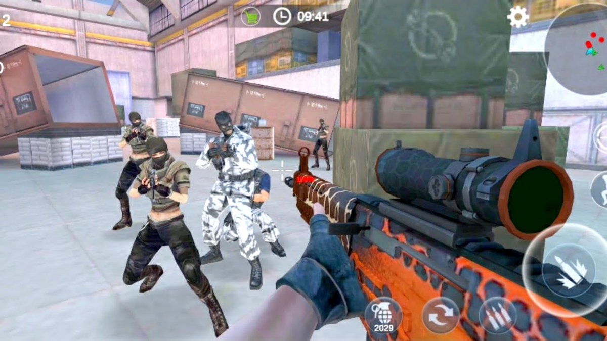 First-person shooter view aiming a scoped rifle at masked enemies in warehouse.